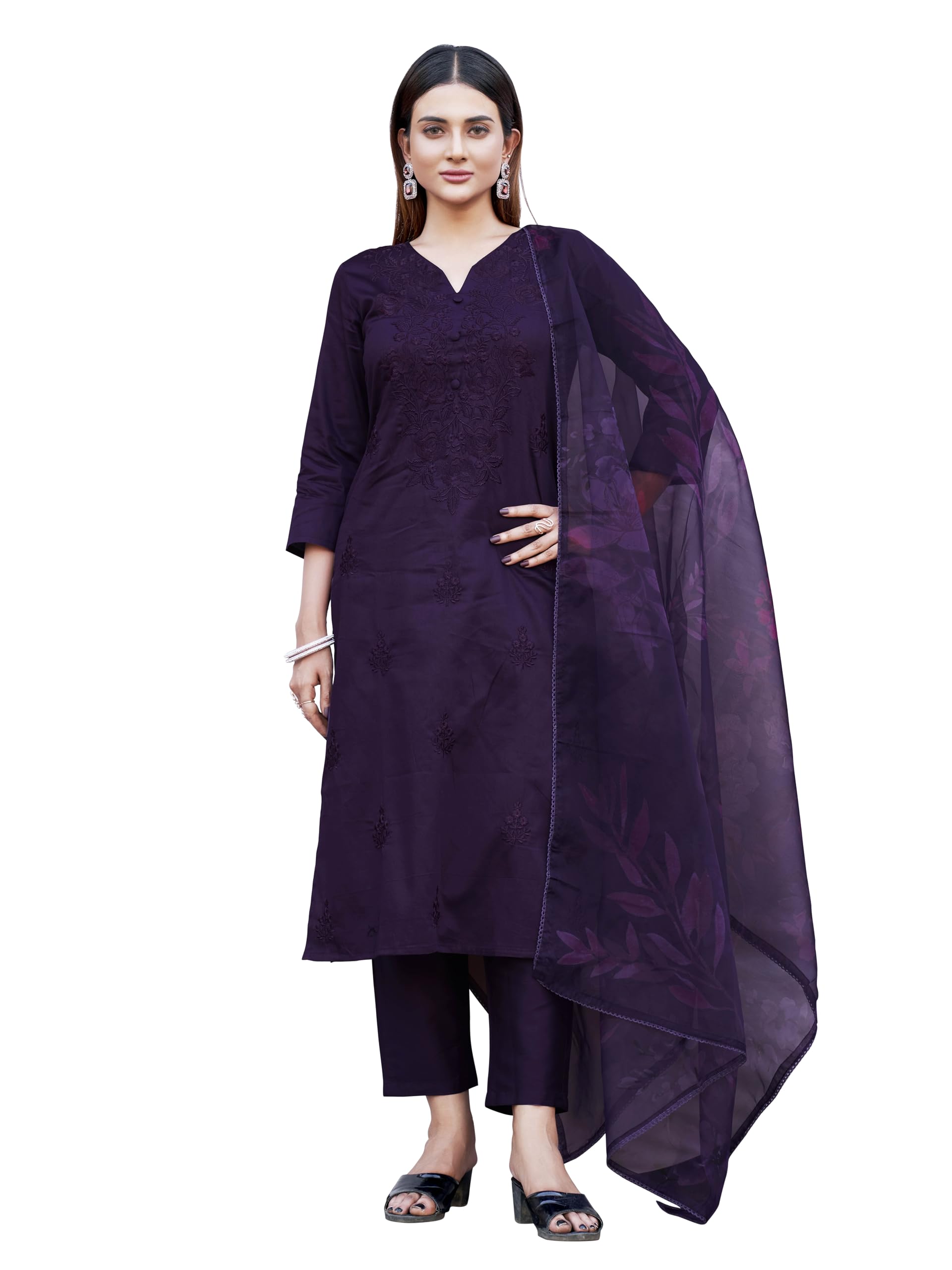 Womanista WomenS Cotton Blend Kurta With Trouser & Dupatta (Kurtaset_1416_Dark Purple