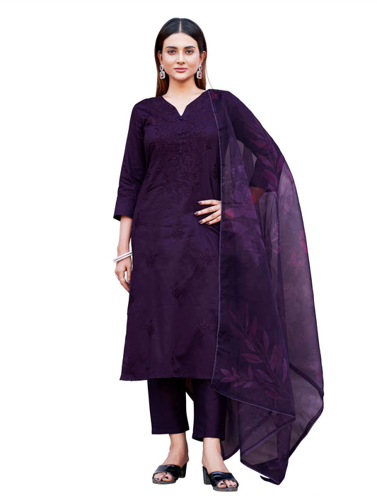 Womanista WomenS Cotton Blend Kurta With Trouser & Dupatta (Kurtaset_1416_Dark Purple