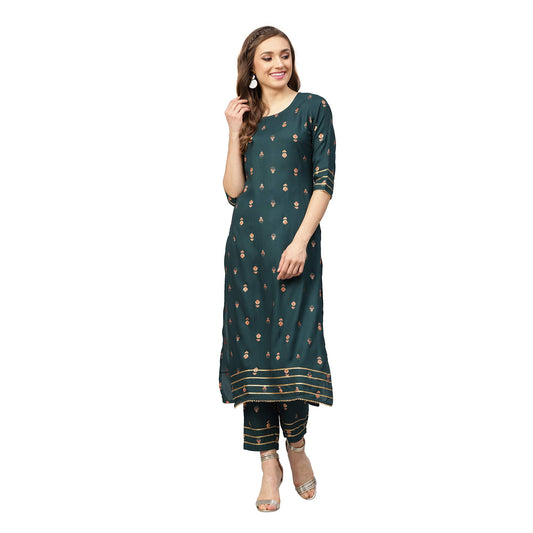 idaLia Dark Green Gold Print Kurta with Pants