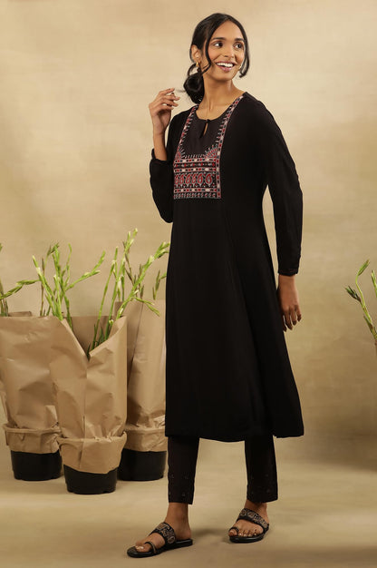 Folksong by W Women Black Festive Solid Viscose A-Line Kurta