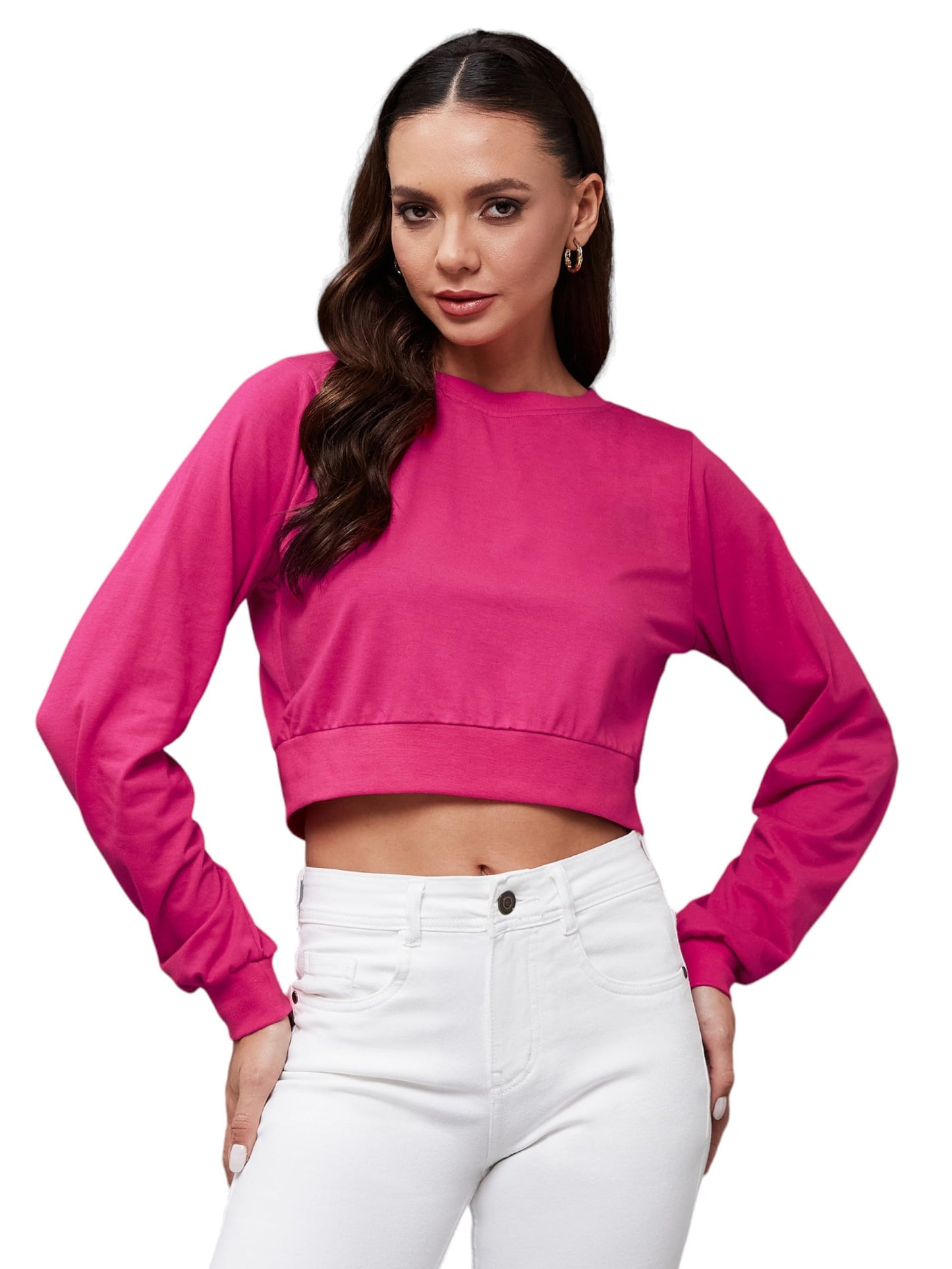Miss Chase WomenS Solid Full Sleeve Round Neck Cotton Crop Top (Mcpf13Tp01-15-23-06, Dark Pink, Xl)
