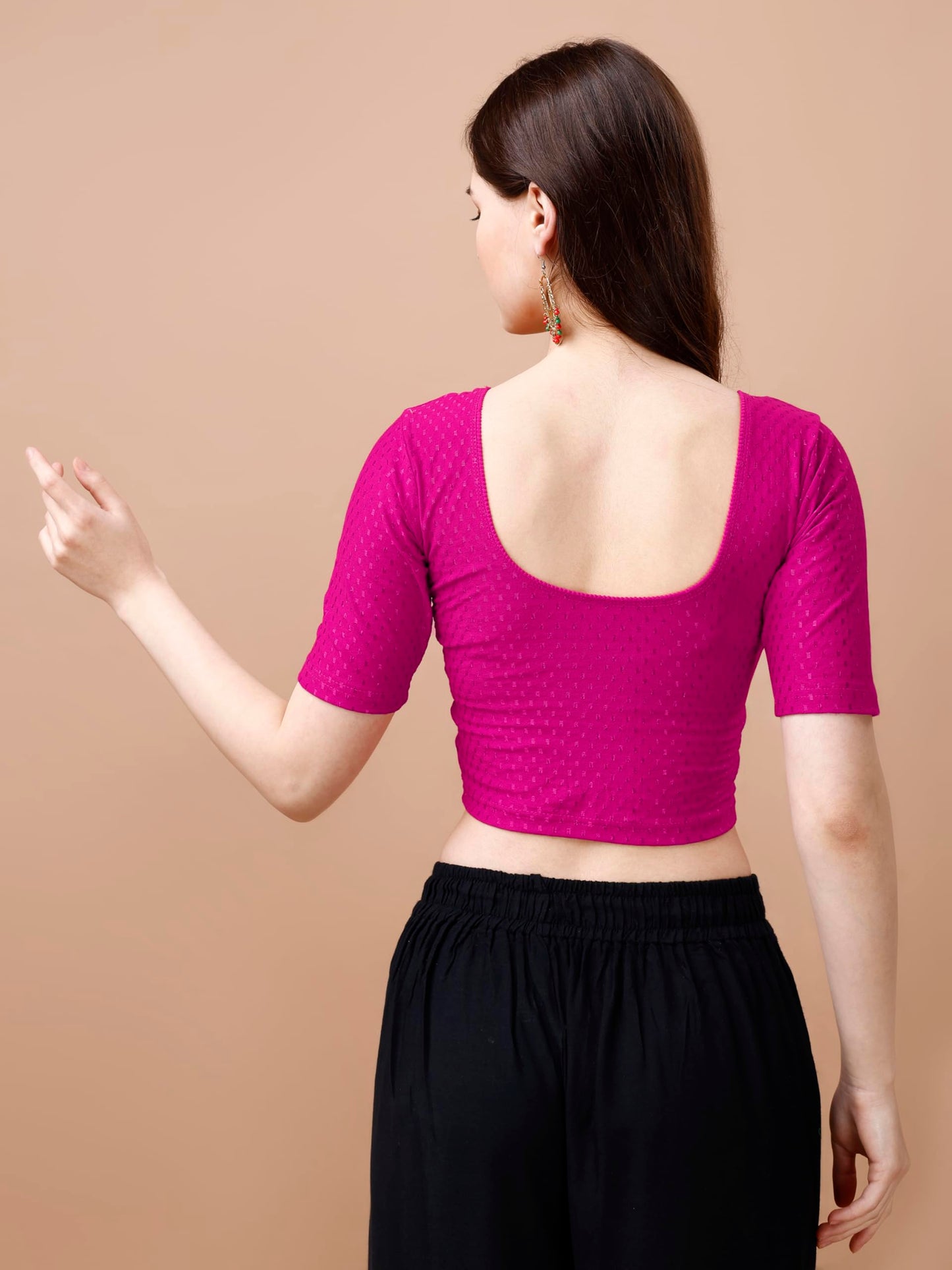 Pujia Mills Womens Readymade Dobby Cotton Lycra Stretchable Round Neck Half Sleeve Blouse Fancy Pink Color Lycra Stretchable Bl