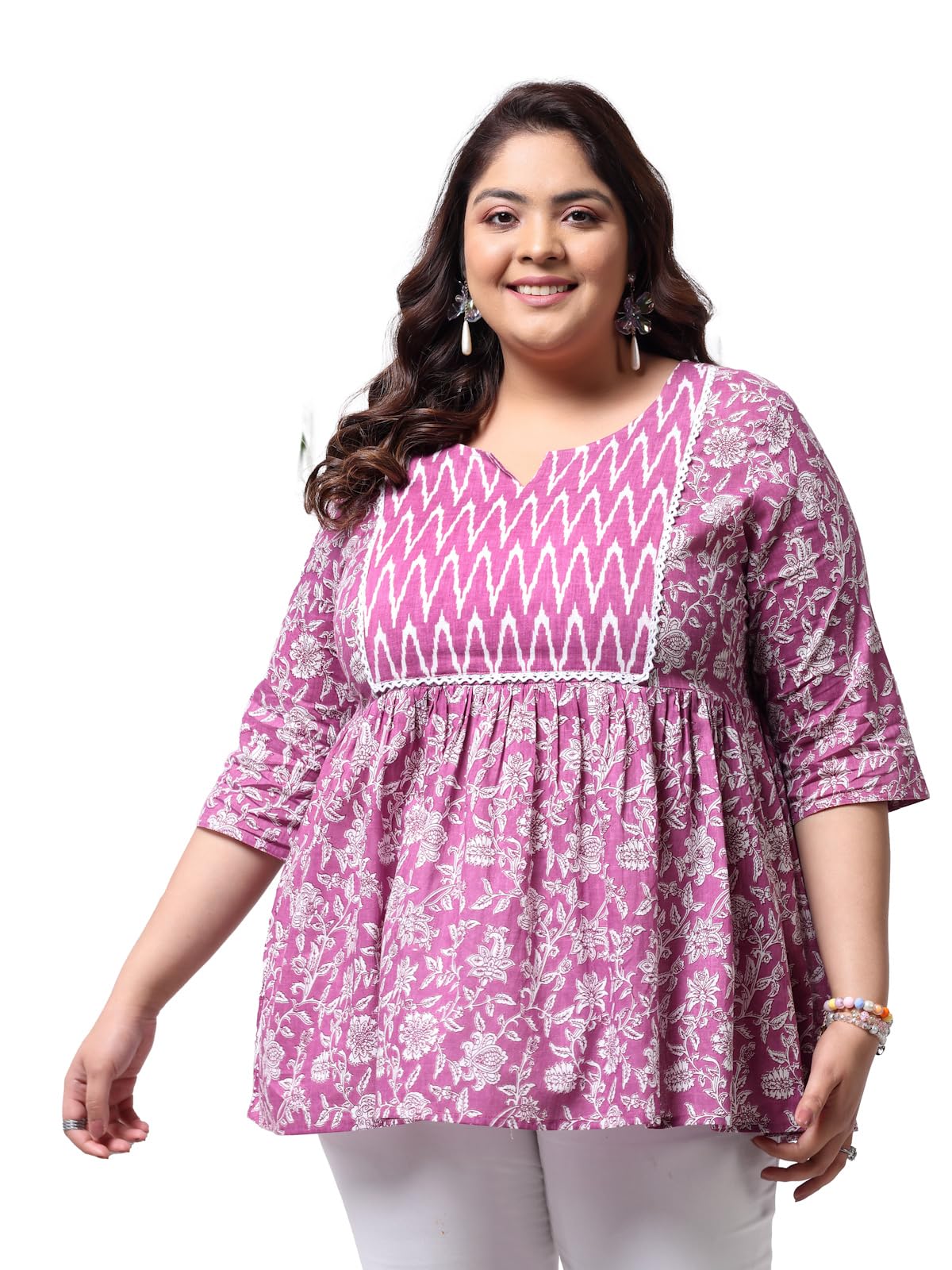 Stylum Womens Plus Size Floral Printed Cotton Peplum Top