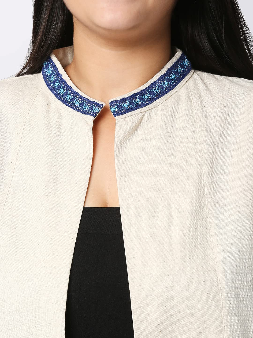 Style Quotient Women Off White and Blue Solid Cotton Open Front Smart Casual Shrug