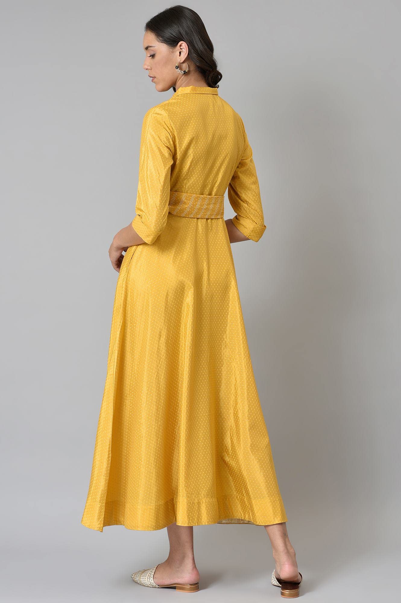 W For Woman Dark Yellow Polka Dot Glitter Maxi Dress With Embroidery