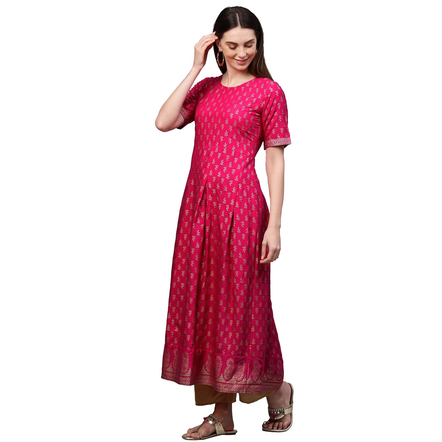 ANNI DESIGNER Women's Rayon Printed Anarkali Kurta (NINECOLOR Pink-STY)