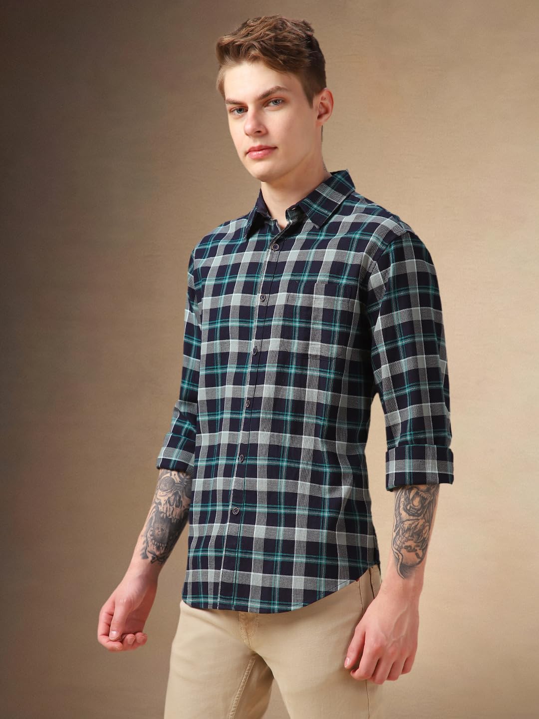 Dennis Lingo Men Blue Checks Cotton Relaxed Fit Full Sleeve Shirts