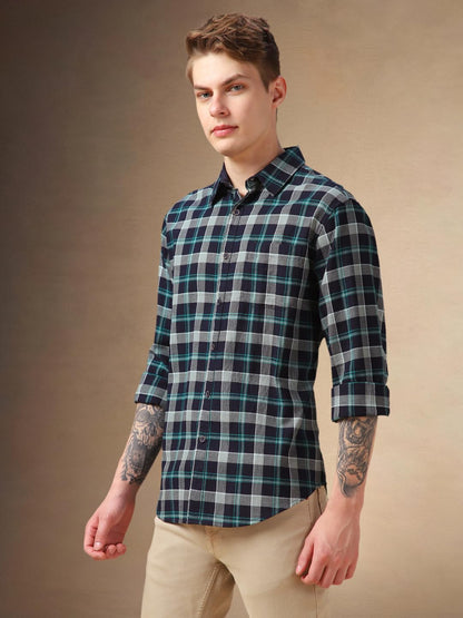 Dennis Lingo Men Blue Checks Cotton Relaxed Fit Full Sleeve Shirts
