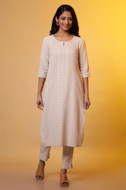 Aurelia WomenS Cotton Blend Checkered Regular Kurta (24Fea15220_Beige