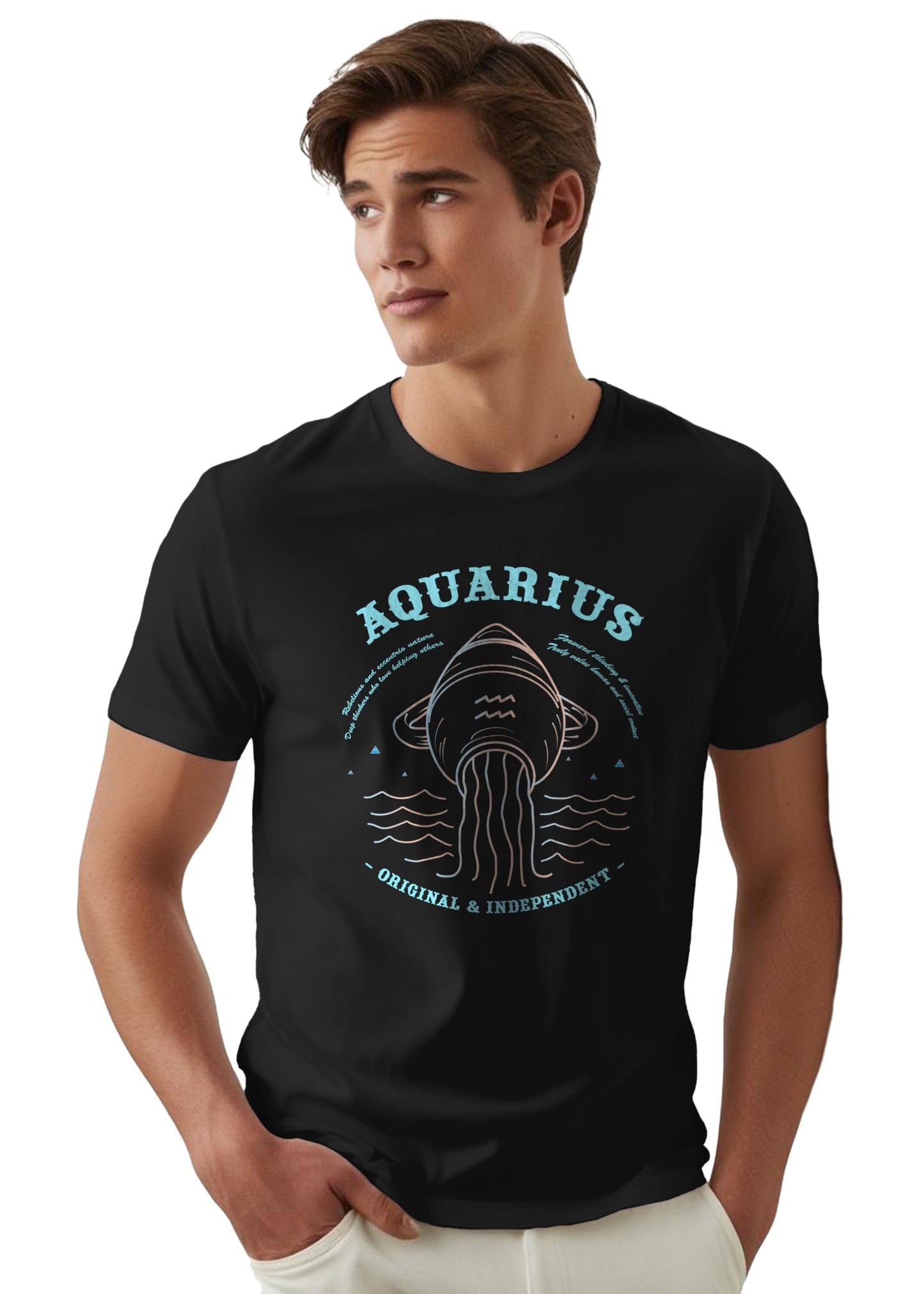 Peppyzone Mens Regular Fit T-Shirt (PZ-ZodiacAquarius6001_Black