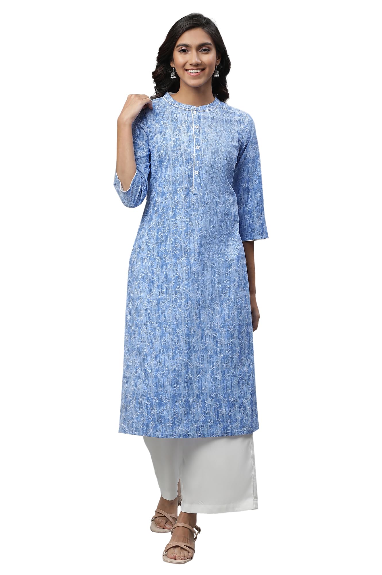Aurelia Blue Floral Printed Printed Cotton Straight Long Kurta For Women