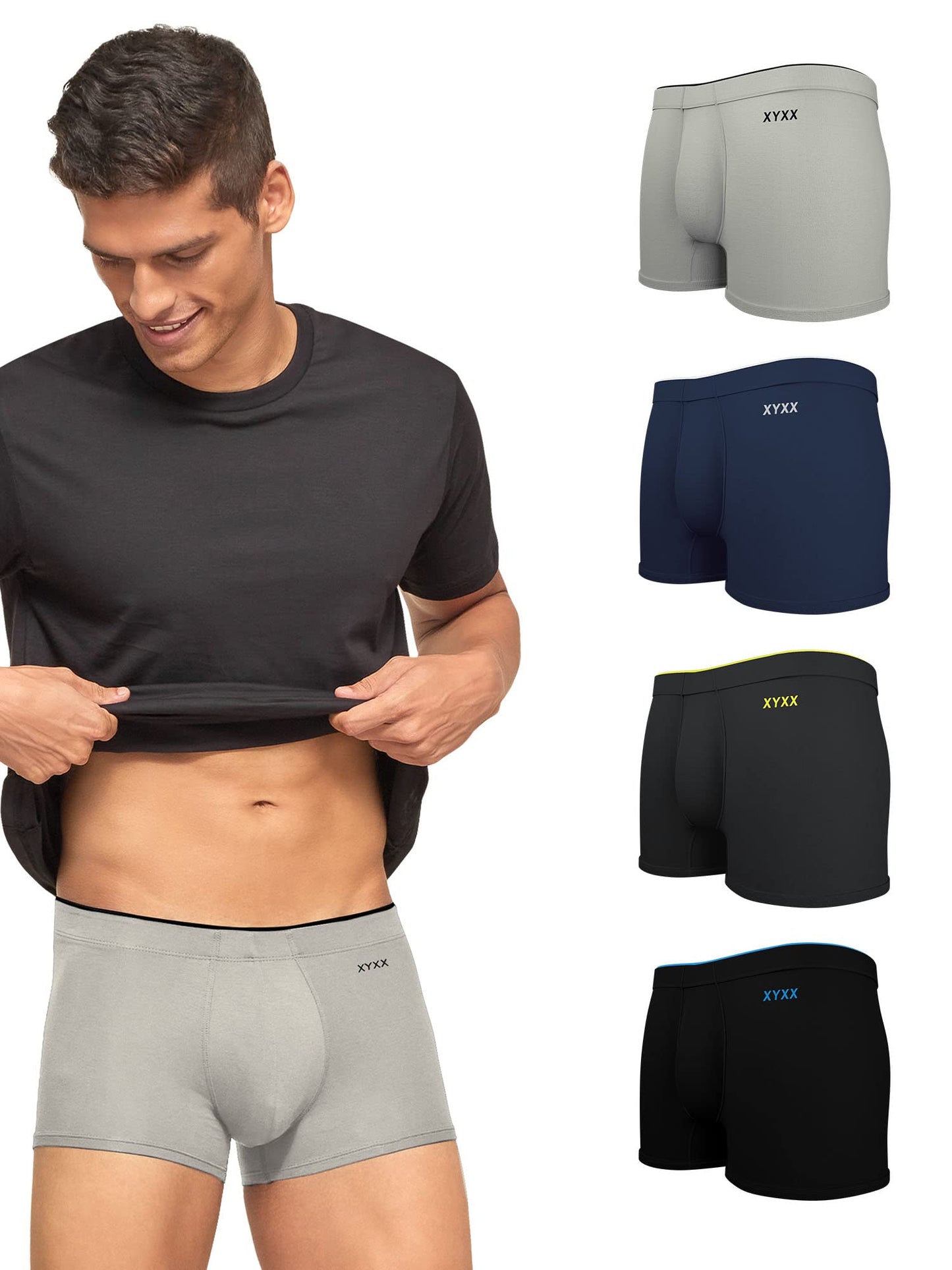 XYXX Mens Underwear Uno IntelliSoft Antimicrobial Micro Modal Trunk Pack of 5 (Dress Blue ; Coral Grey ; Black ; Heather Grey ;