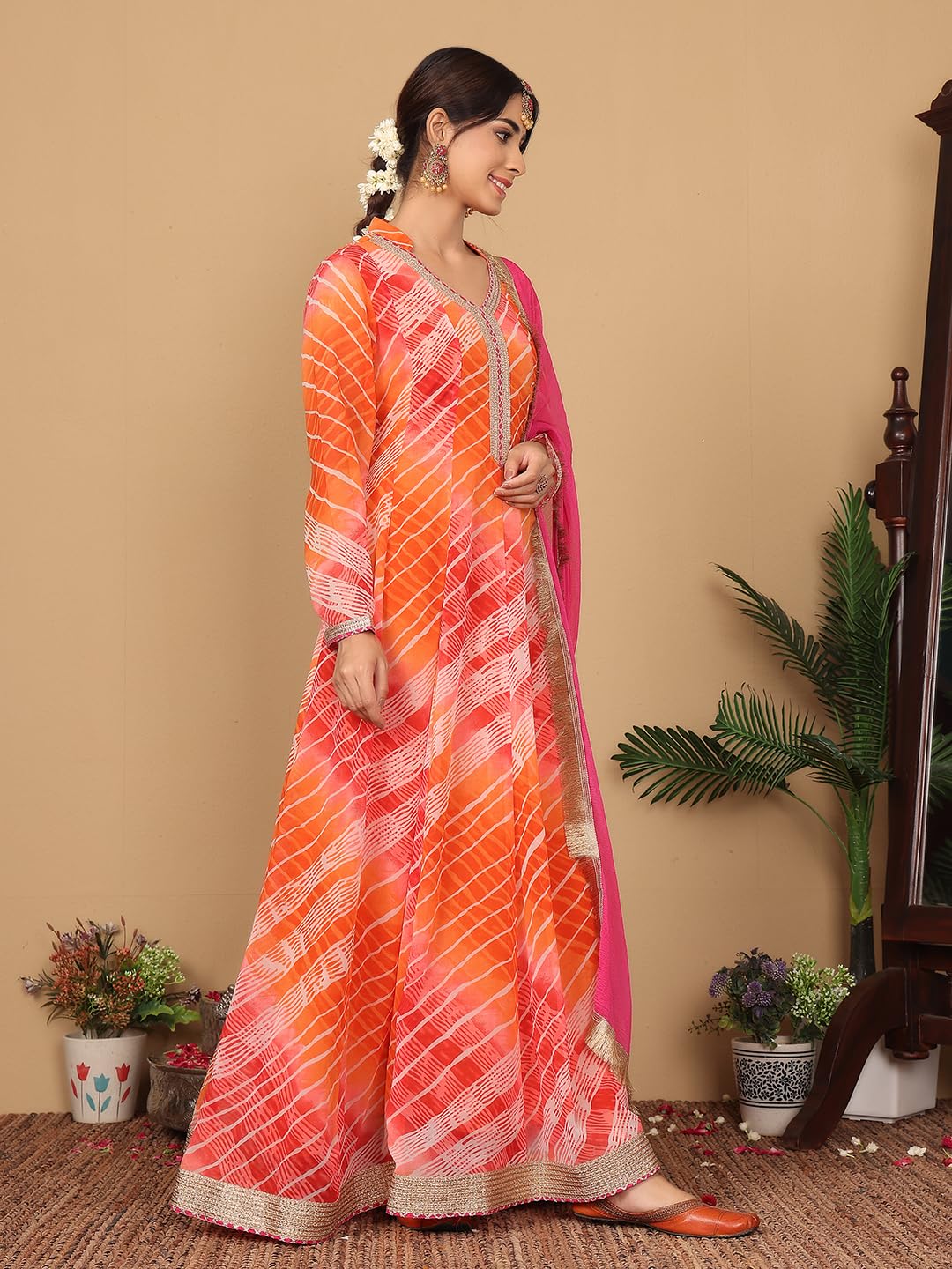 Varanga Woven Leheriya V-Neck Lace Embellished Anarkali Kurta With Dupatta  Elegant Orange And Pink Leheriya Print, Lace Detaili
