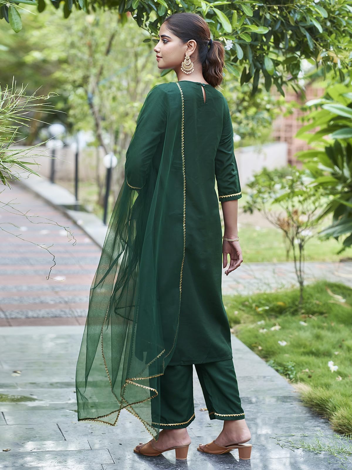 Sanisa Women's Chinnon Sequence Embroidery Straight Kurta with Pant and Dupatta Set