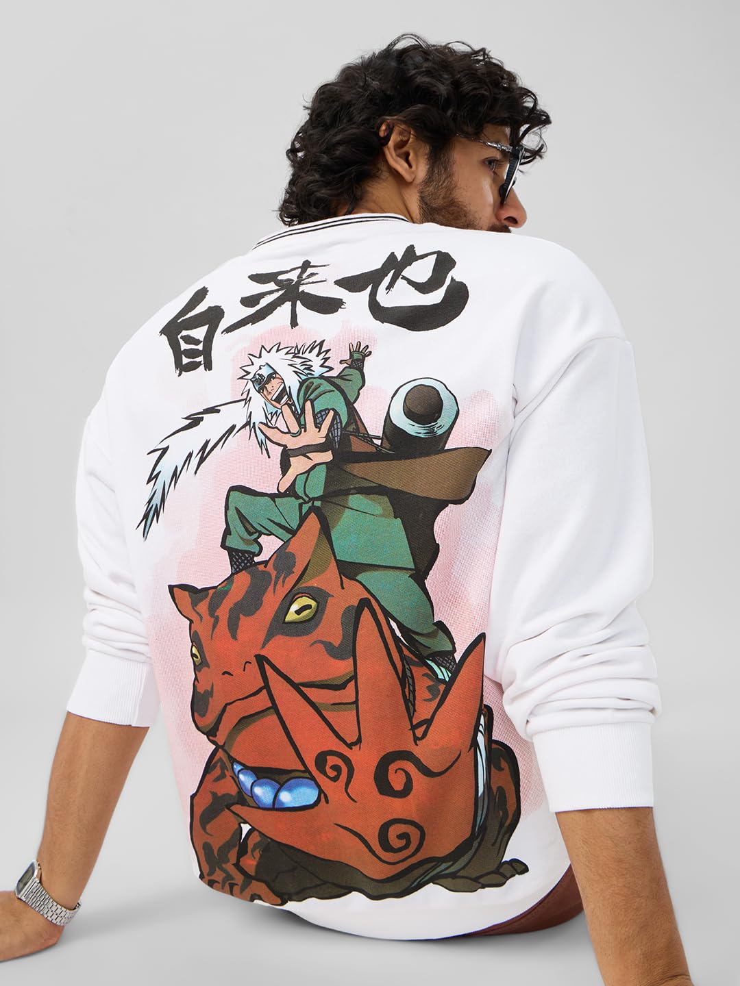 The Souled Store Naruto Shippuden: Toad Sage Men and Boys Long Sleeves V Neck White Graphic Printed Cotton Blend Oversized Sweat