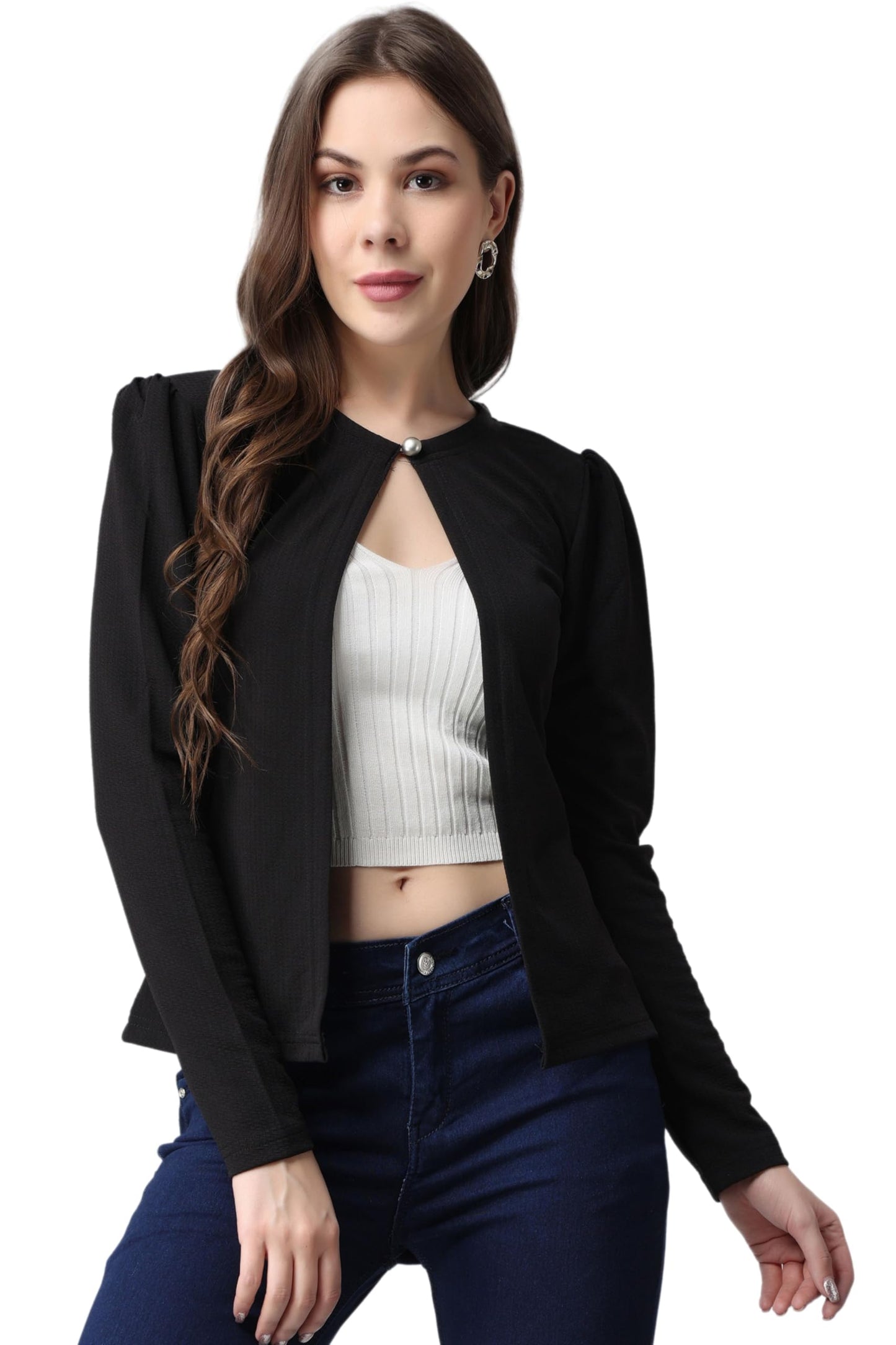 POPWINGS Casual Black Solid Front Open Shrug for Women || Latest Stylish Summer Wear Shrugs for Women || Hip-Length Women Shrug