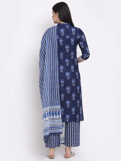 ANNI DESIGNER Women's Cotton Straight Kurta with Palazzo & Dupatta (KPZD-COT-10009-BLUE)