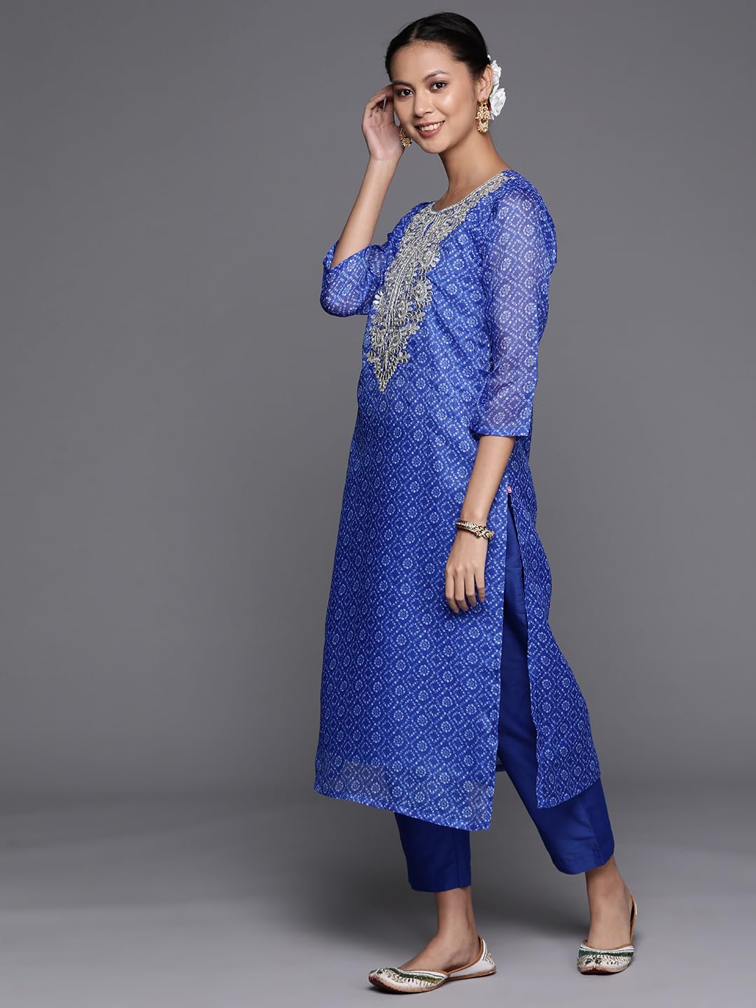 Varanga Blue Bandhani Printed, Gota Pati Embroidered Yoke Straight Kurta Paired With Tonal Bottom And Dupatta