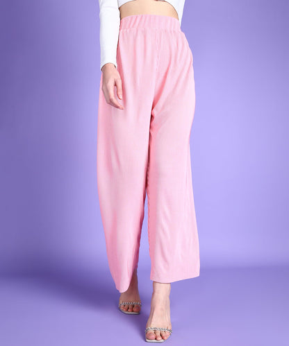 POPWINGS Casual Self Design Wrinkle Shimmer Trouser for Women || Pull On Trouser for Women || High Rise Loose Fit Women Trouser