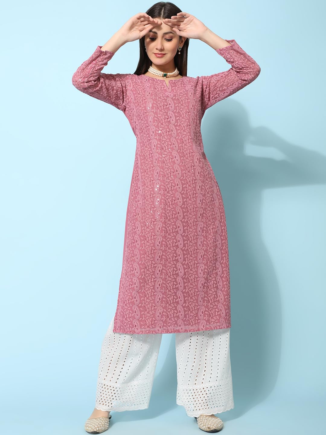 Gufrina WomenS Georgette Straight Kurta Palazzo With Notch Neck 3/4Th Sleeves Solid Pattern Chikankari Work Calf Length And Reg