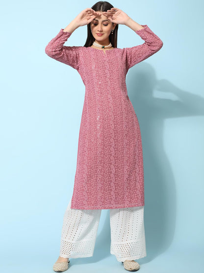 Gufrina WomenS Georgette Straight Kurta Palazzo With Notch Neck 3/4Th Sleeves Solid Pattern Chikankari Work Calf Length And Reg