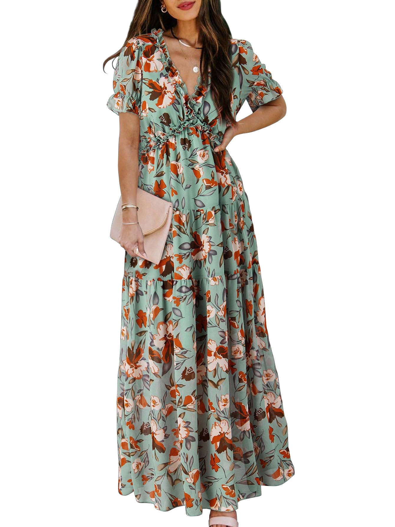 Shasmi Womens Casual Green Floral Printed Ruched V Neck Short Flutter Sleeve Lapel Tie Waist Split Long One Pic Western Party D
