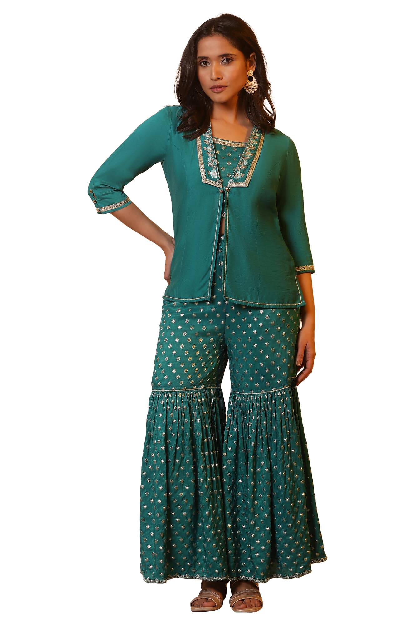 Aurelia Women Blue Polka Dots Viscose Top with Sharara & Shrug_24FED10617_L
