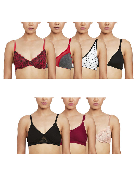 Clovia Womens Pack of 6 Cotton Non Padded Wirefree Full Cup Bra (COMBRC716_Multicolored_32C) (Print and Color May Vary)
