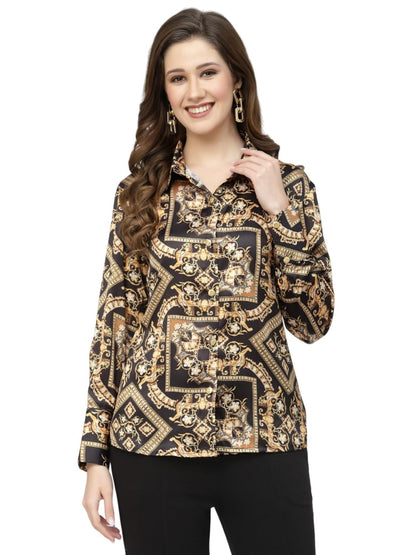 POPWINGS Printed Full-Sleeves Regular-Fit Satin Printed Shirt for Women Stylish Western Casual Wear Black Golden