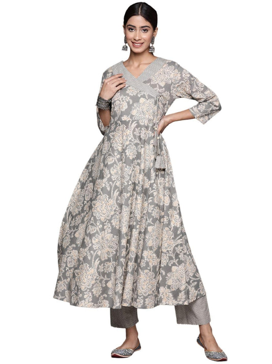 Varanga Women Grey Floral Printed Angrakha Style Anarkali Kurta Paired with Printed Bottom.
