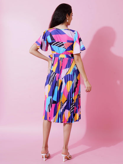 Kzully | Chic Elegance A-Line Dress For Women With Pleats, V-Neck, Printed Top, And Belt Accent Blue