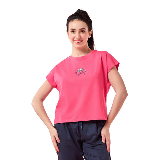 Enamor Womens Solid Relaxed Fit T-Shirt (E3G7_Raspberry Rise Up