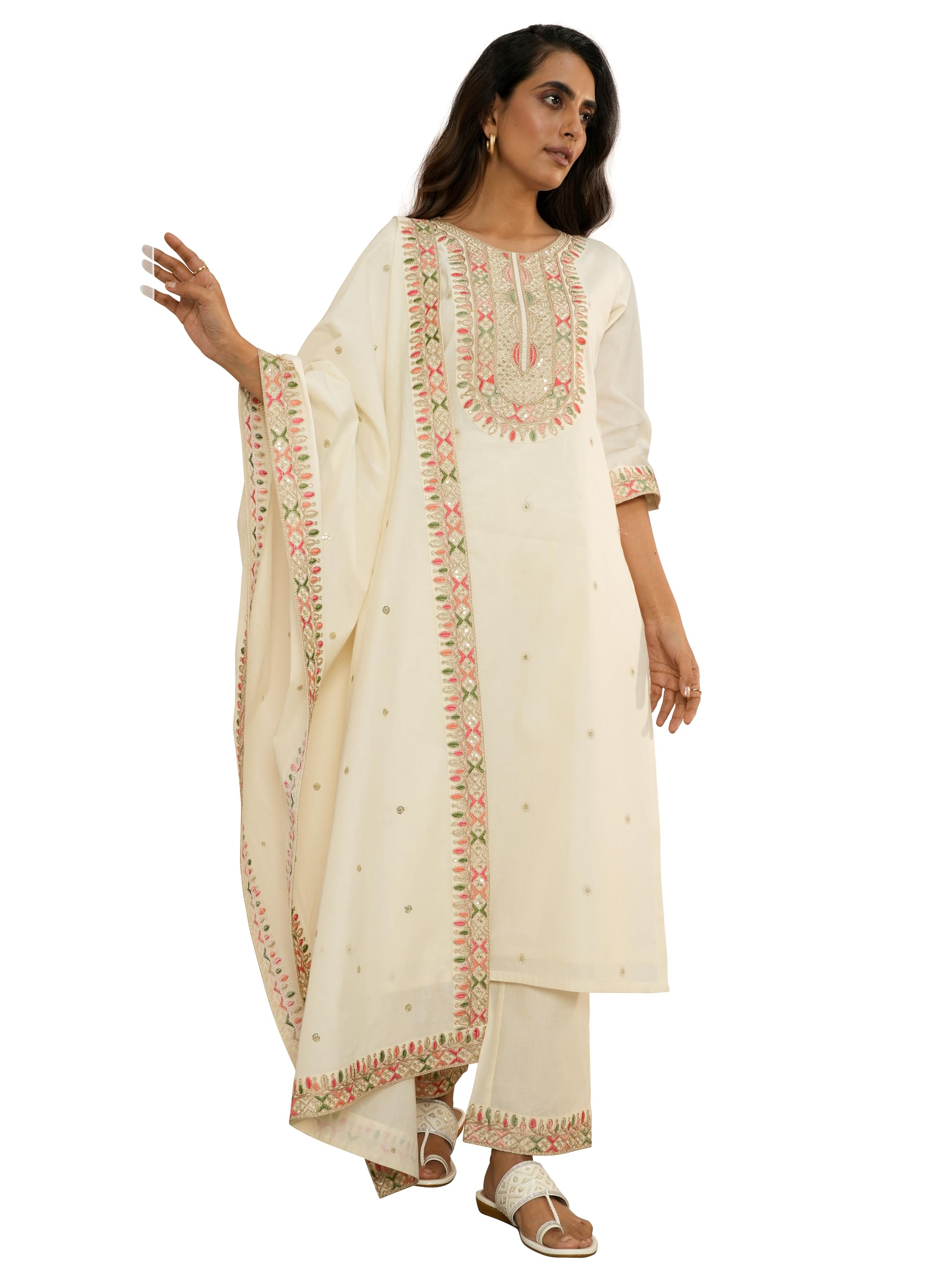 Libas Off White Embroidered Cotton Straight Kurta With Trousers & Dupatta