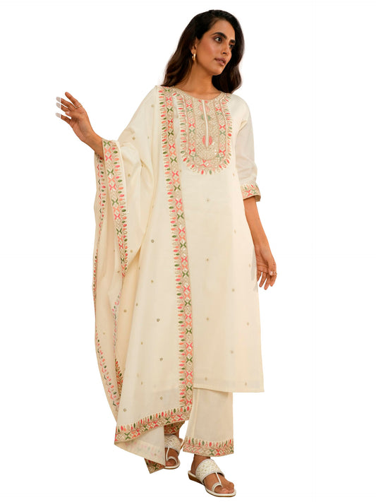 Libas Off White Embroidered Cotton Straight Kurta With Trousers & Dupatta