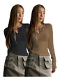 Shasmi Womens & Girls Black and Brown Long Sleeve Round Neck Solid Color Ruched Workwear Casual Top Half Button Down Henley T-