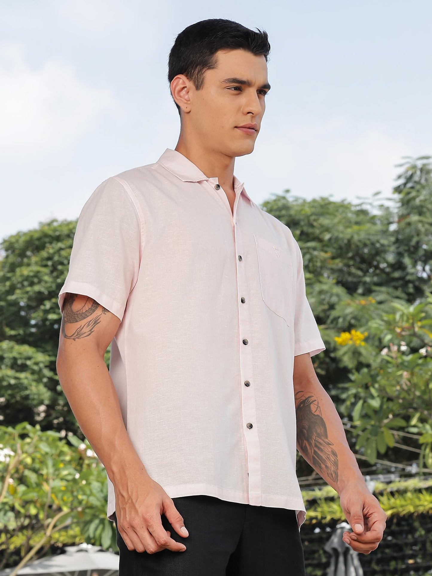 Thomas Scott Mens | Solid | Premium Irish Linen | Half Sleeve | Spread Collar | Casual | Shirt for Men Pink