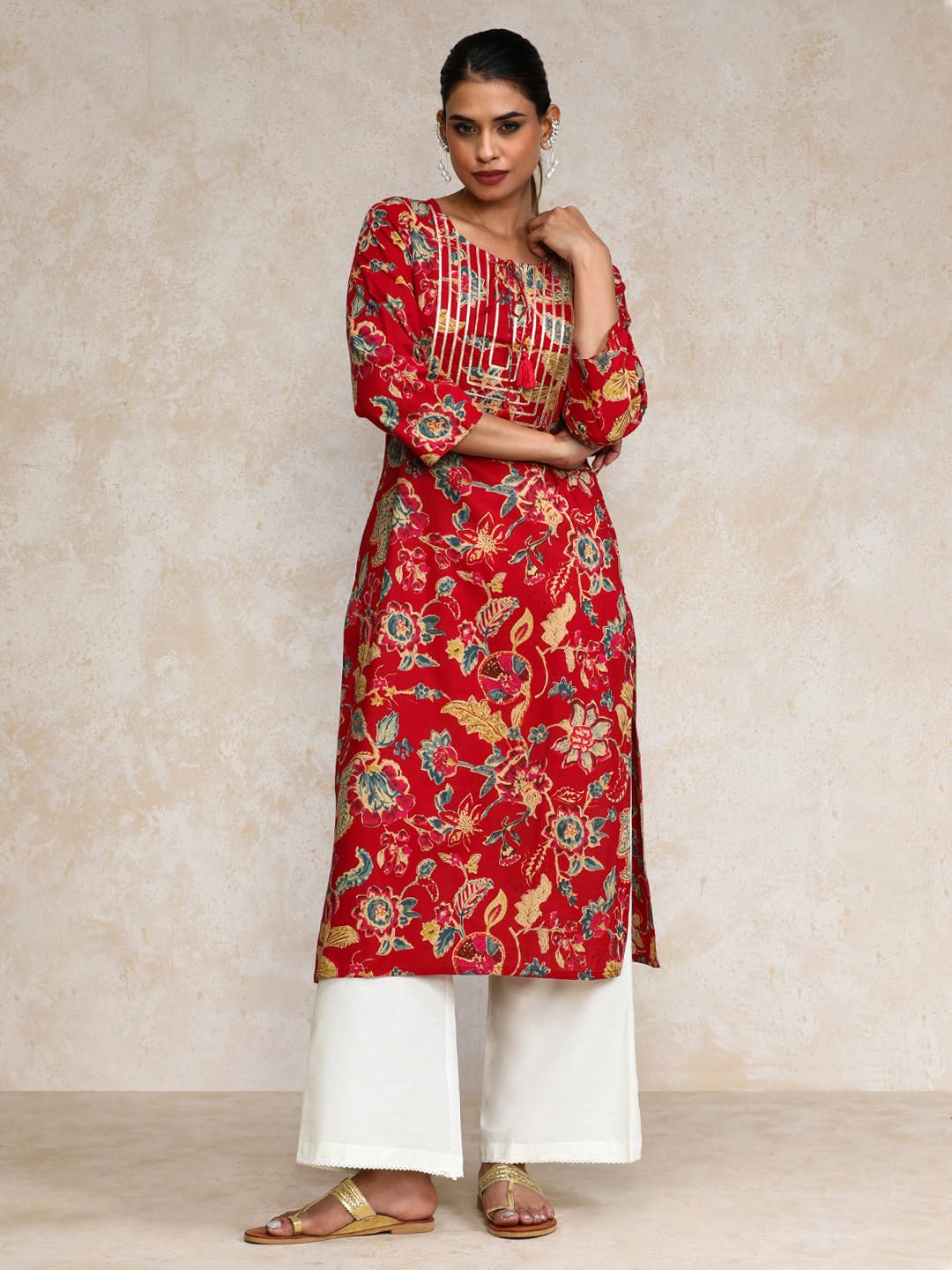Varanga Women Bold Floral Printed With Lace Gota Patti Detailed Yoke Kurta Red
