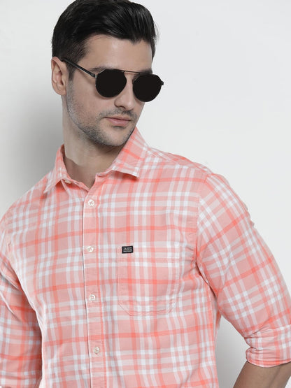 The Indian Garage Co Men Pink Checkered Slim Fit Casual Shirt