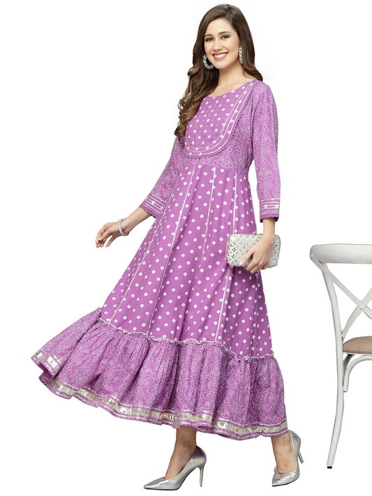 Stylum Women's Bandhani Printed & Embellished Rayon Anarkali Kurta (PURPLEGORI_Purple)