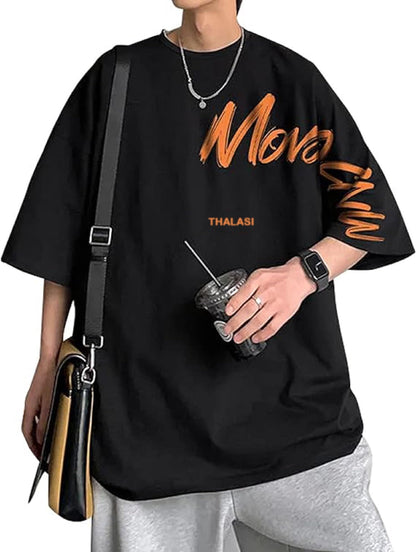 Thalasi Aesthetic Korean Style Blue Oversized T Shirts For Men - Baggy Fit T-Shirts With Down Shoulder And Half Sleeves & Brande