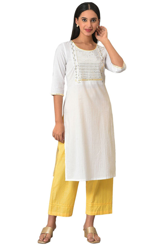 Aurelia Womens White Embellished Cotton Straight Long Kurta