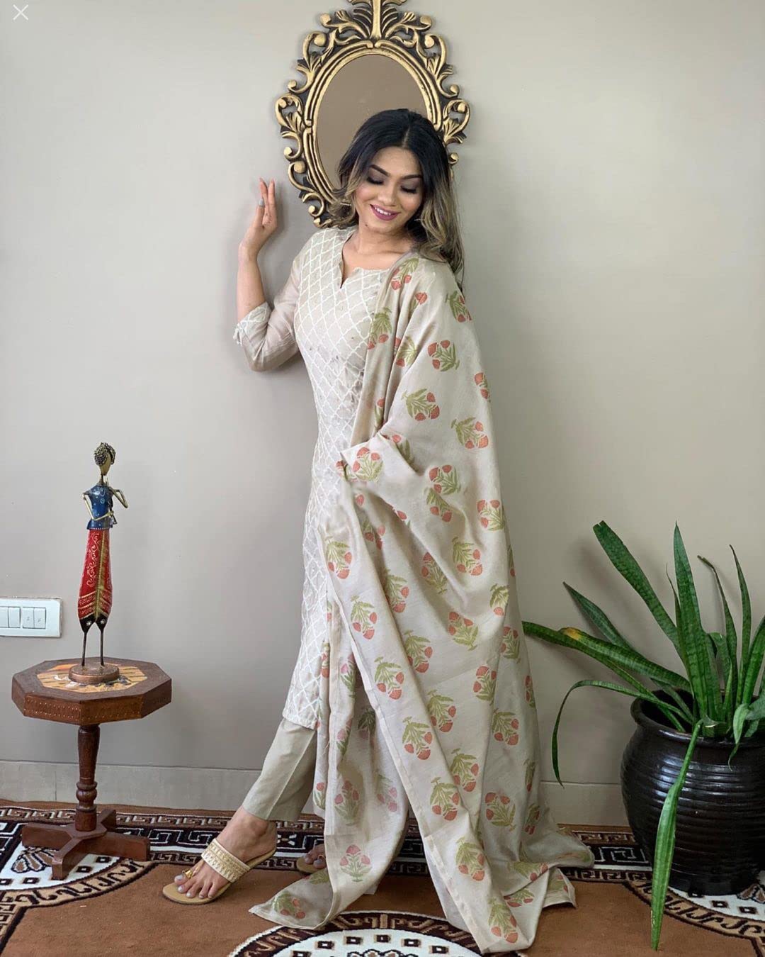 Gosriki WomenS Cotton Blend Embroidered Straight Kurta With Pant & Dupatta (Mysuru-Cream-Nw-Gs_L_Cream_Large)