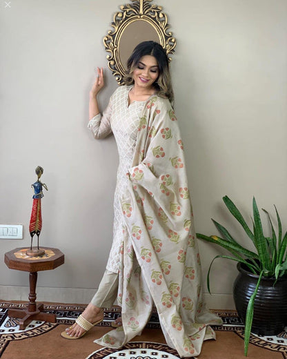 Gosriki WomenS Cotton Blend Embroidered Straight Kurta With Pant & Dupatta (Mysuru-Cream-Nw-Gs_L_Cream_Large)