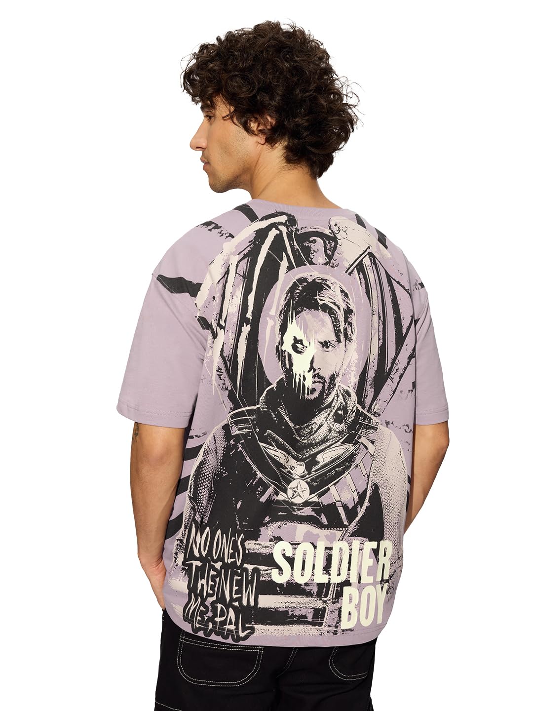 The Souled Store Official The Boys: Soldier Boy Men and Boys Short Sleeves Round Neck Purple Graphic Printed Cotton Oversized T-