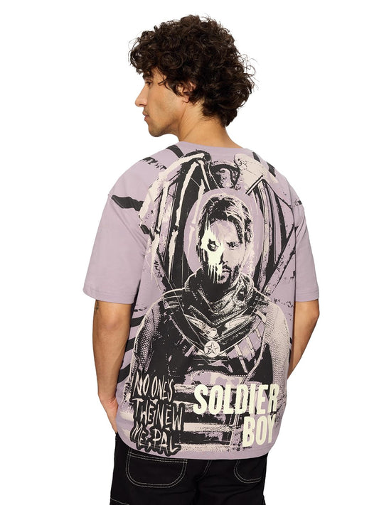 The Souled Store Official The Boys: Soldier Boy Men and Boys Short Sleeves Round Neck Purple Graphic Printed Cotton Oversized T-