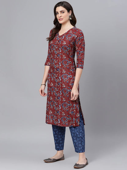 Idalia Maroon Printed Kurta With Blue Printed Pants And Dupatta