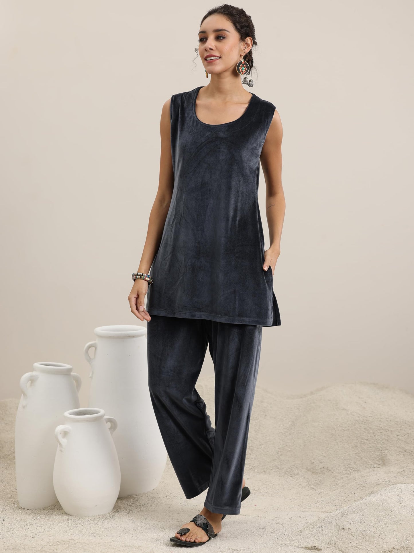 Libas Womens Solid Velvet Co-Ord Set For Women