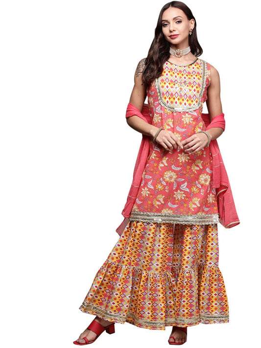 anubhutee Women's Cotton Coral Pink Gota Patti Floral Printed A-Line Kurta Suit Set with Sharara and Dupatta
