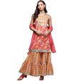 anubhutee Women's Cotton Coral Pink Gota Patti Floral Printed A-Line Kurta Suit Set with Sharara and Dupatta