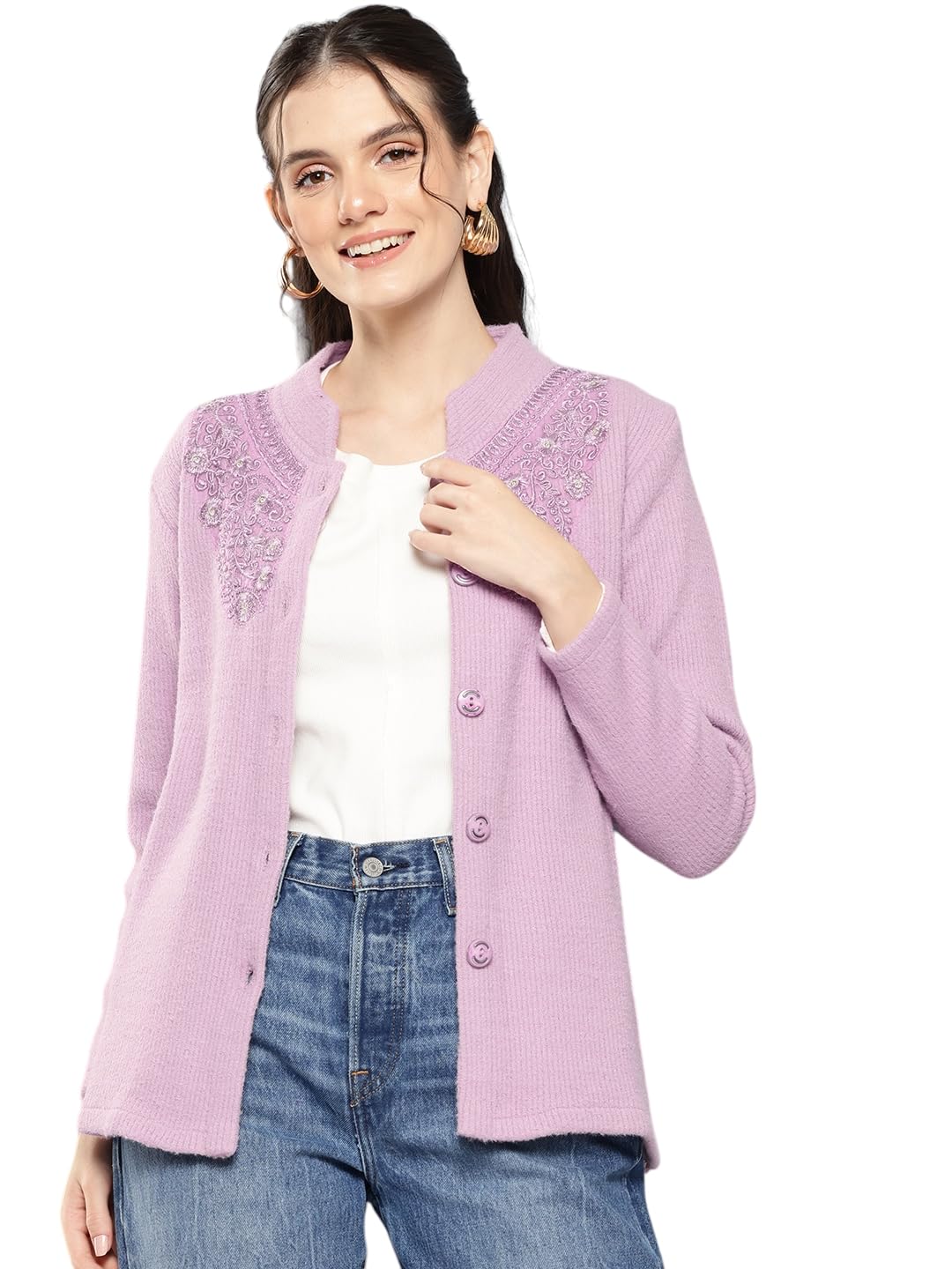 Aarika Womens Winter Wear Purple Colour Embroidery Woolen Cardigan (S-L)